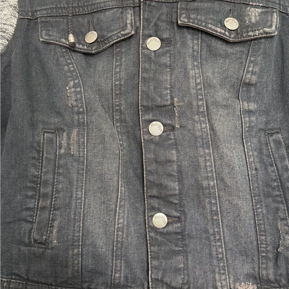 Free People distressed Black Jean Jacket with charcoal Sleeves - Picture 2 of 10